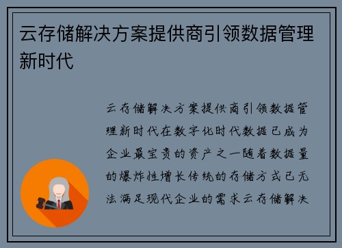 云存储解决方案提供商引领数据管理新时代